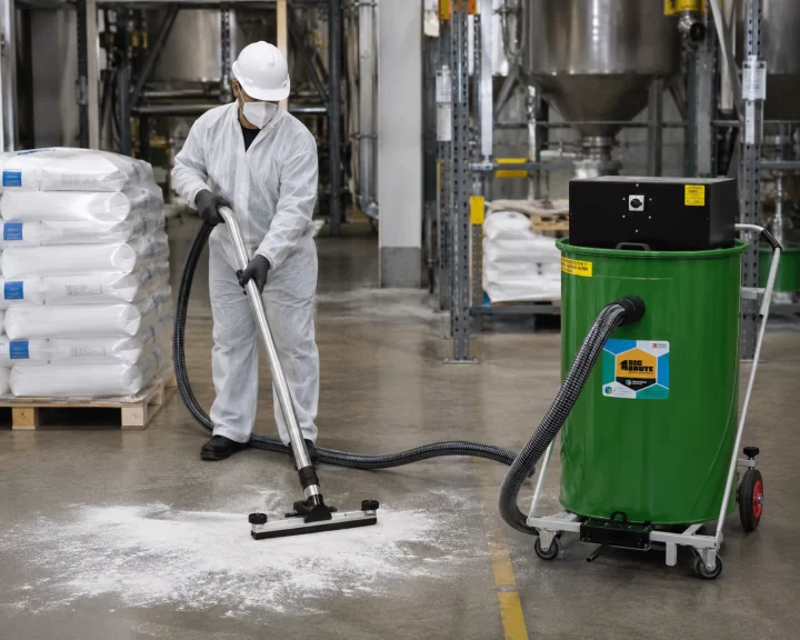 Big Brute Warehouseman cleaning a powder spill in a factory